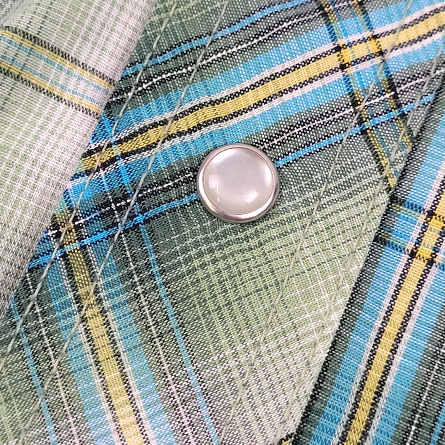 Vintage Wrangler Pearl Snap Green Metallic Plaid Shirt Men's Sz XL