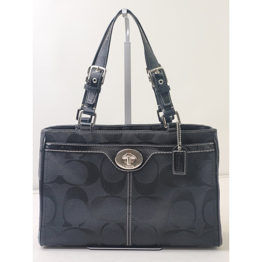 Coach Signature Turnlock Black Tote Bag Leather Trim Canvas Body