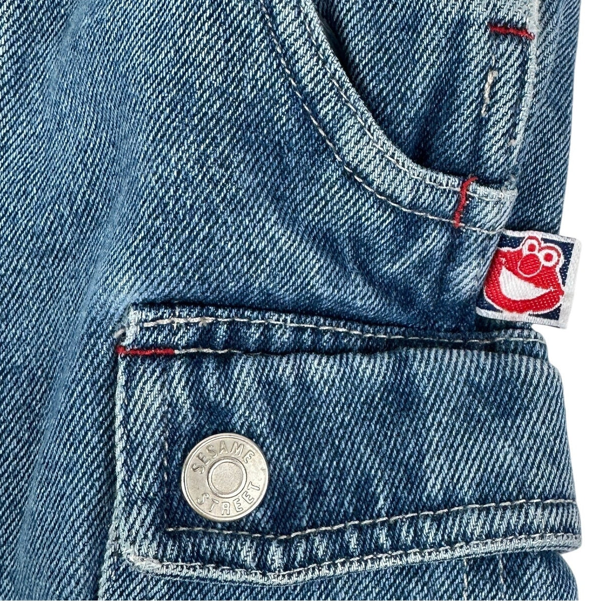 Vintage Sesame Street Elmo & Natalie Denim Cargo Overalls Sz 24 Months