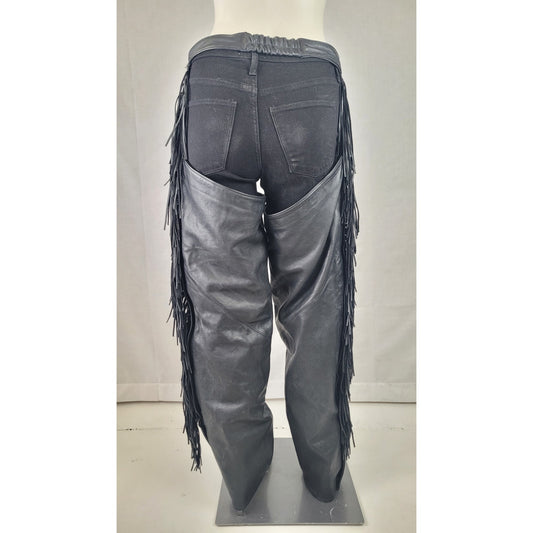 VTG Harley-Davidson Fringe Black Leather Motorcycle Riding Chaps Women's Sz L