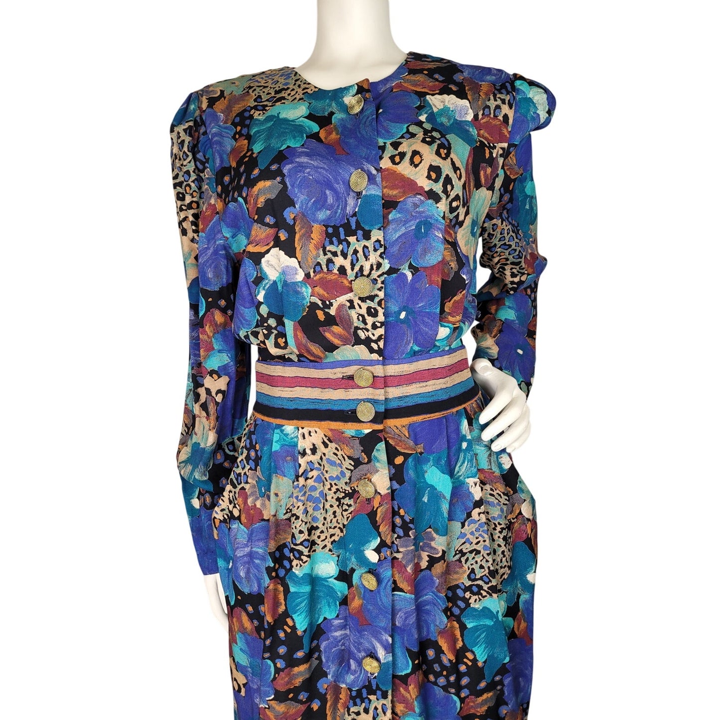 Vintage 1990s Mixed Print Below the Knee Dress w Slight Puff Sleeves Sz S