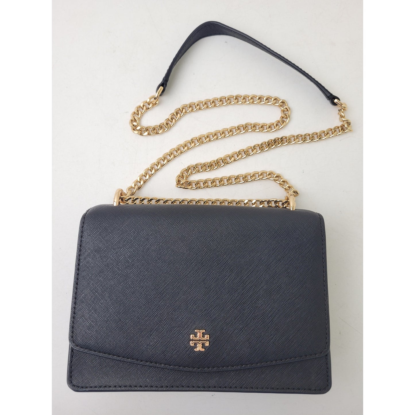 Tory Burch Emerson Flap Black Shoulder Crossbody Bag Gold Tone Hardware