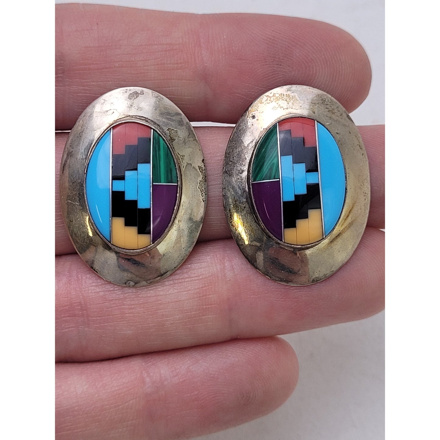 Vintage Native American Multi-Stone Inlay Sterling Silver Post Earrings