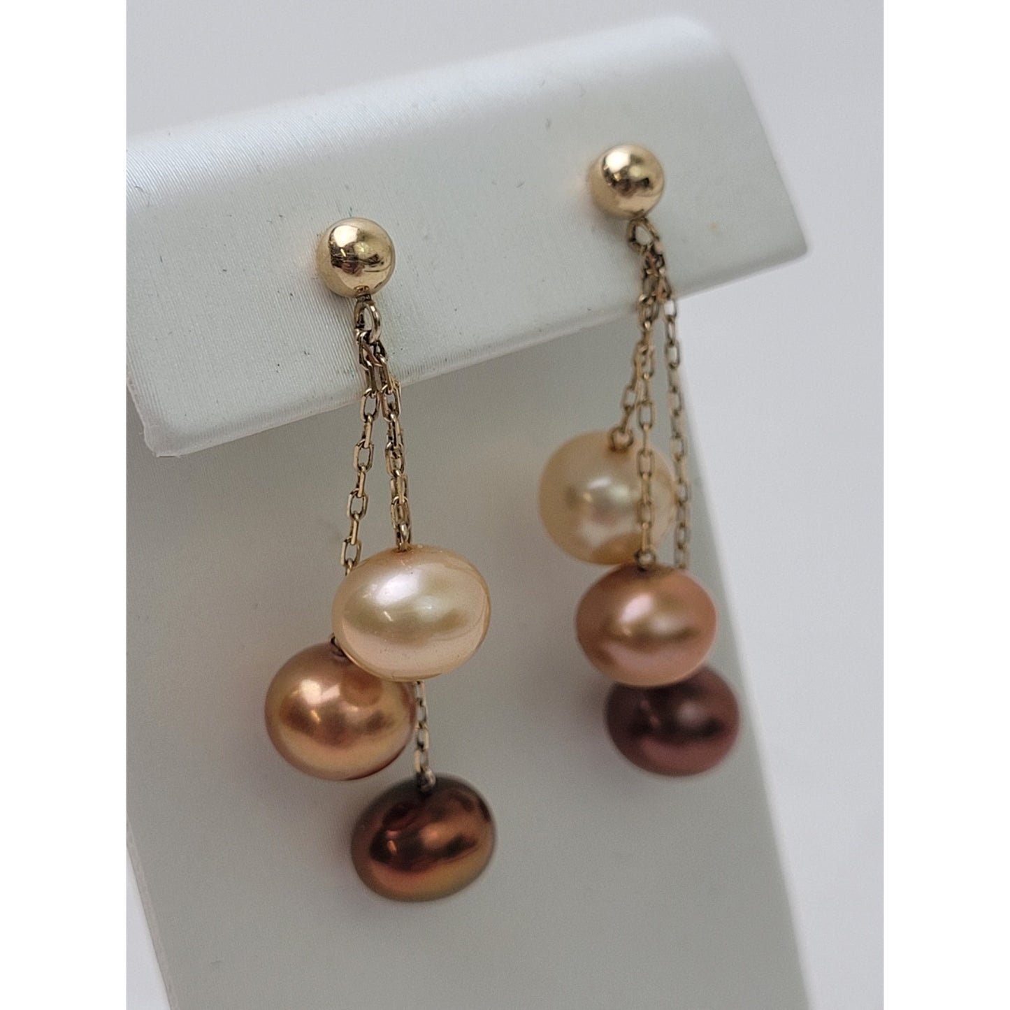 VTG 14K Yellow Gold Three Strand Genuine Pearl Drop Dangle Earrings
