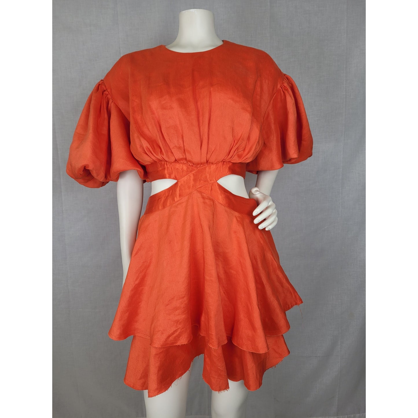 Aje Gracious Cut-Out Mini Dress Raw Cut Hem Voluminous Sleeves Women's Sz 6