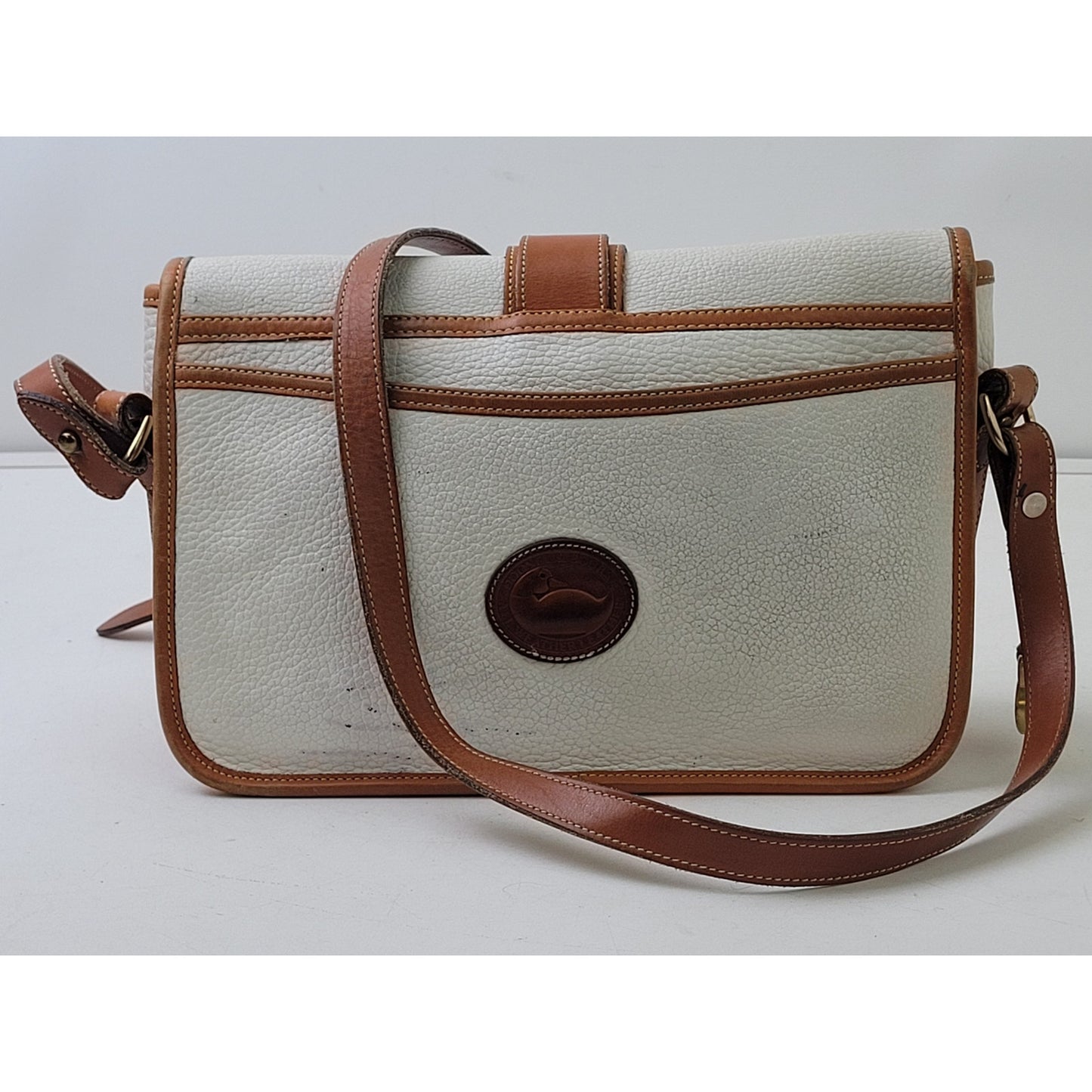 Vintage Dooney & Bourke Equestrian Crossbody Bag Pebbled White Brown Leather