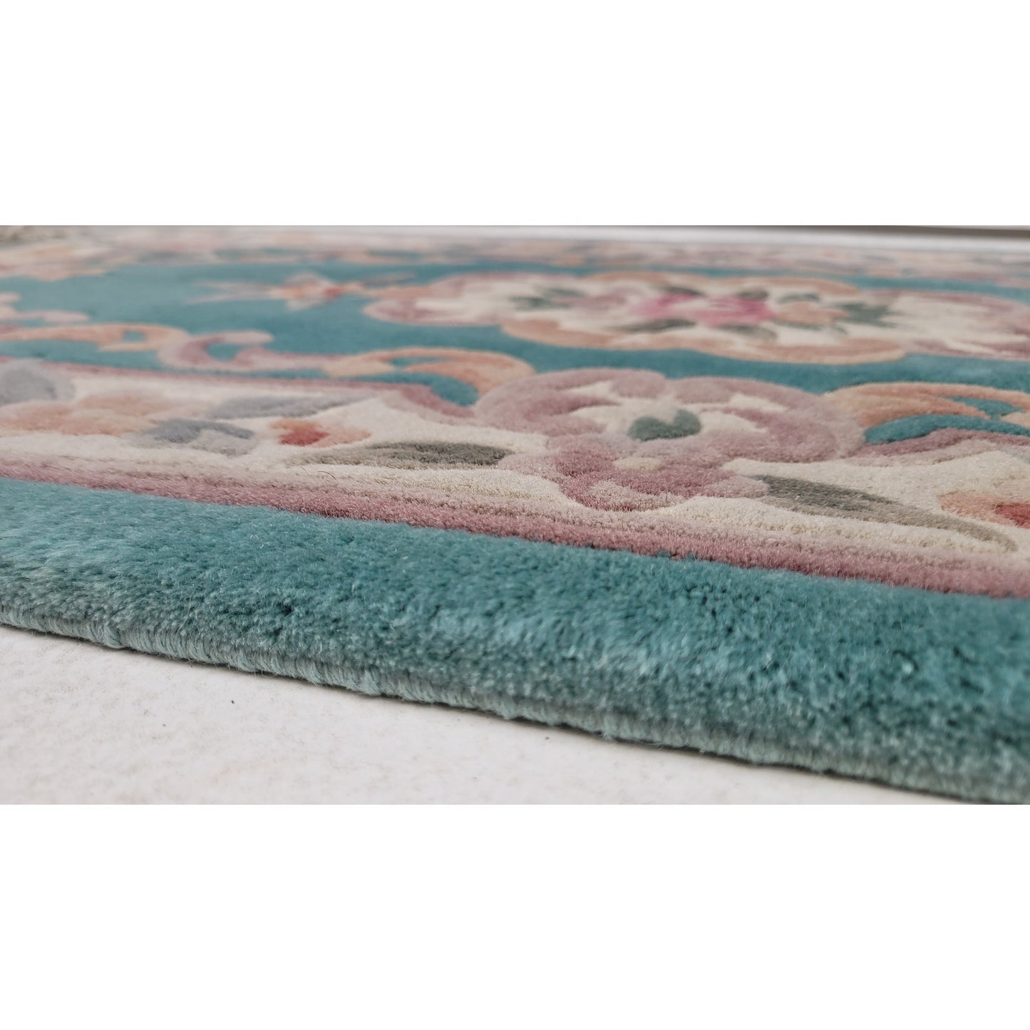 Vintage Aubusson-Style Wool Rug Green w Pink Floral Scrollwork 56" x 27"