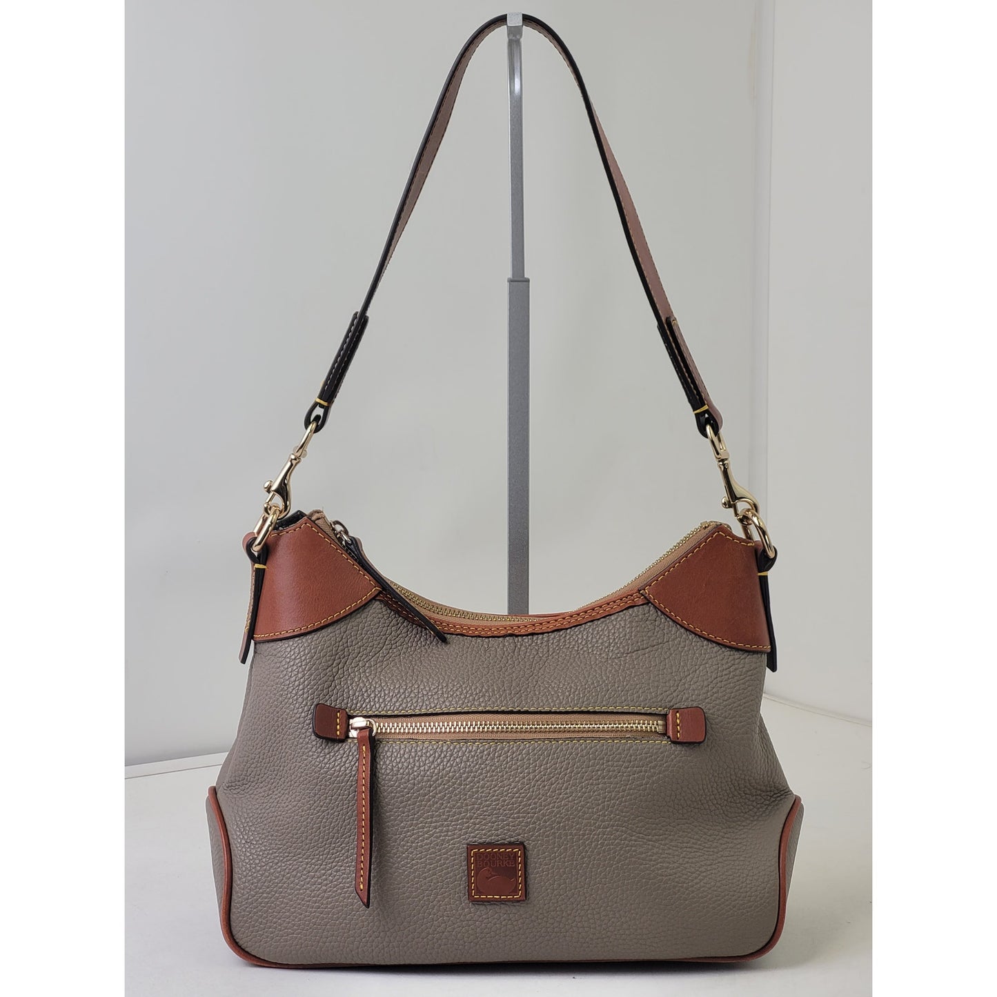 Dooney & Bourke Pebble Grain Small Hobo Shoulder Bag Taupe Body & Brown Trim