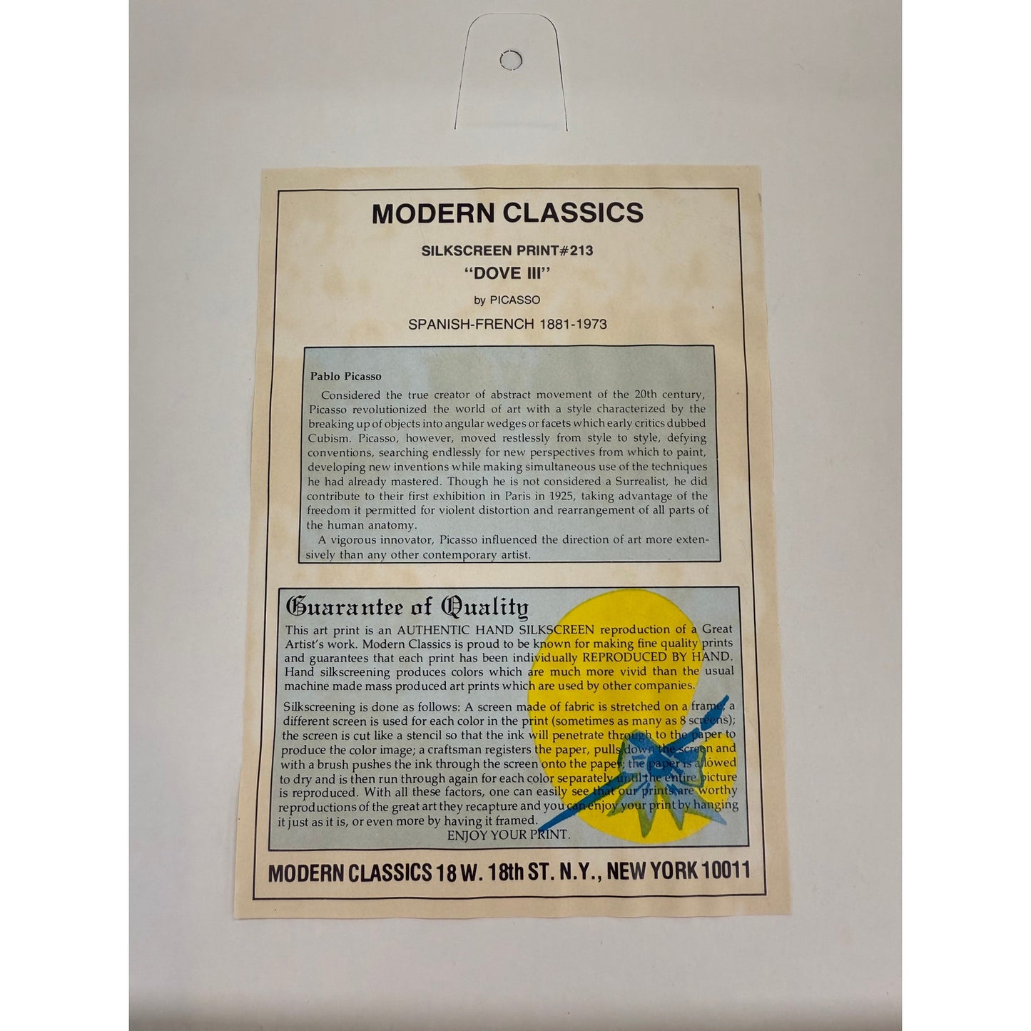 Authentic Hans Silkscreen Reproduction of Picasso's "HOMAGE TO THE SUN" & "DOVE III"