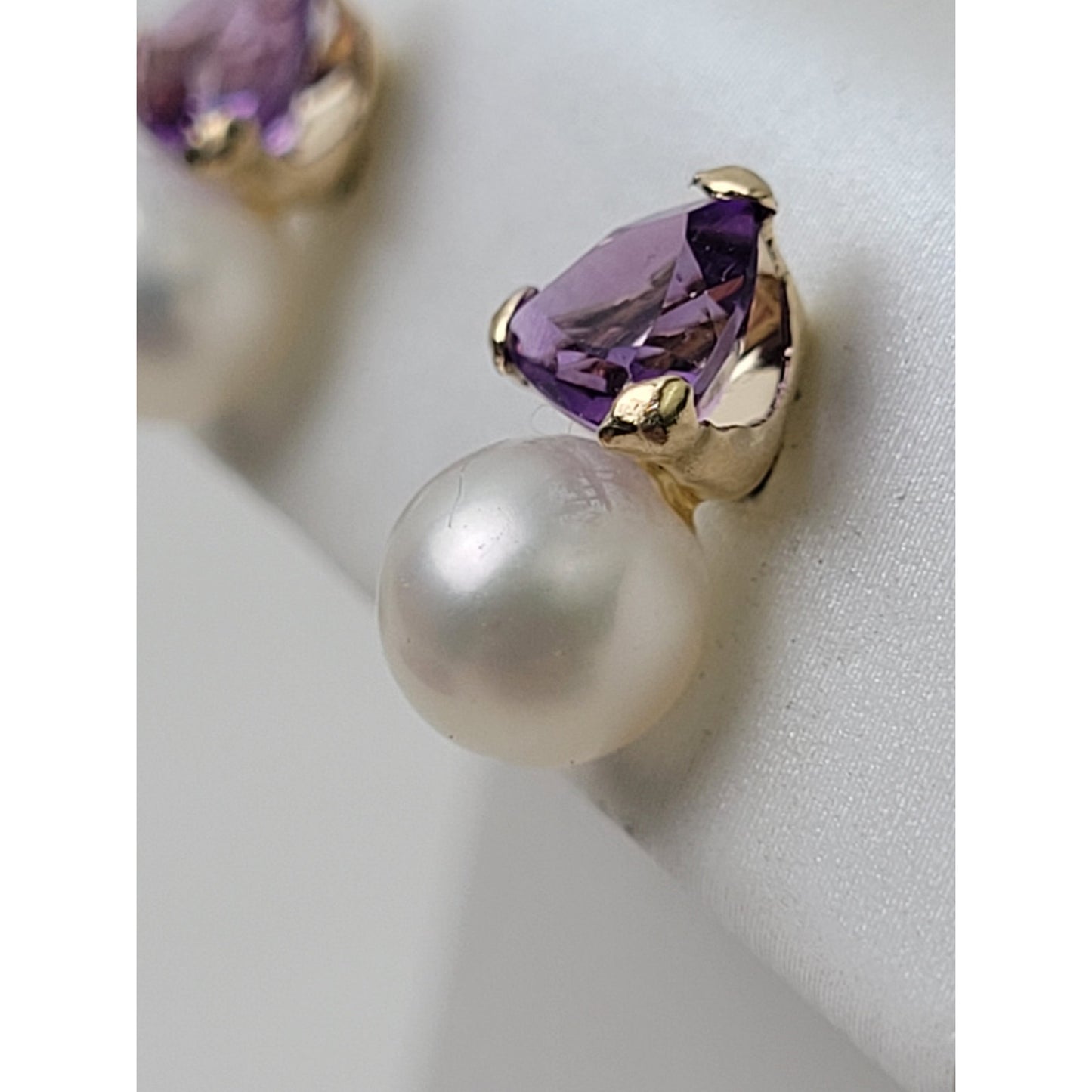 14K Yellow Gold Purple Amethyst & Pearl Drop Earrings 10mm Length