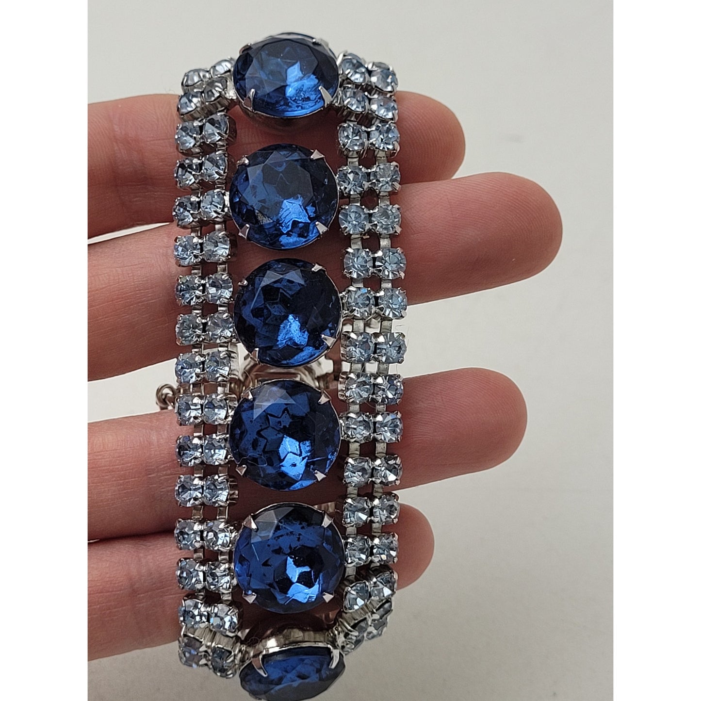 Vintage Blue Rhinestone Hollywood Regency Statement Bracelet & Earrings