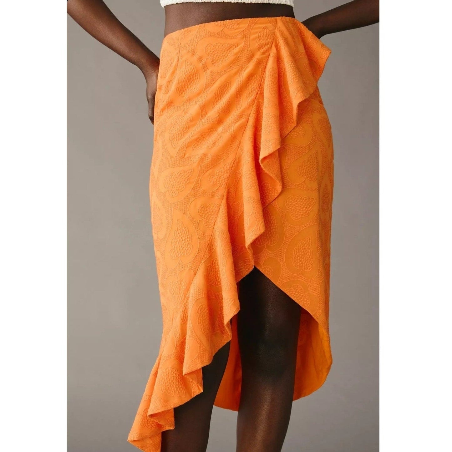 Anthropologie Maeve Slim Ruffle Wrap Skirt Sunset Orange Women's Sz 10
