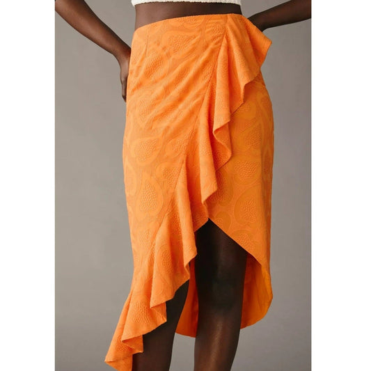 Anthropologie Maeve Slim Ruffle Wrap Skirt Sunset Orange Women's Sz 10