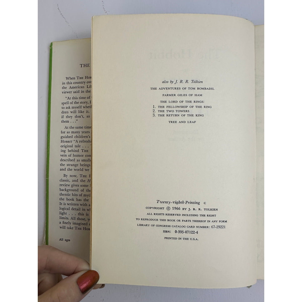The Hobbit by J.R.R. Tolkien 1966 Houghton Mifflin Twenty-Eighth Printing