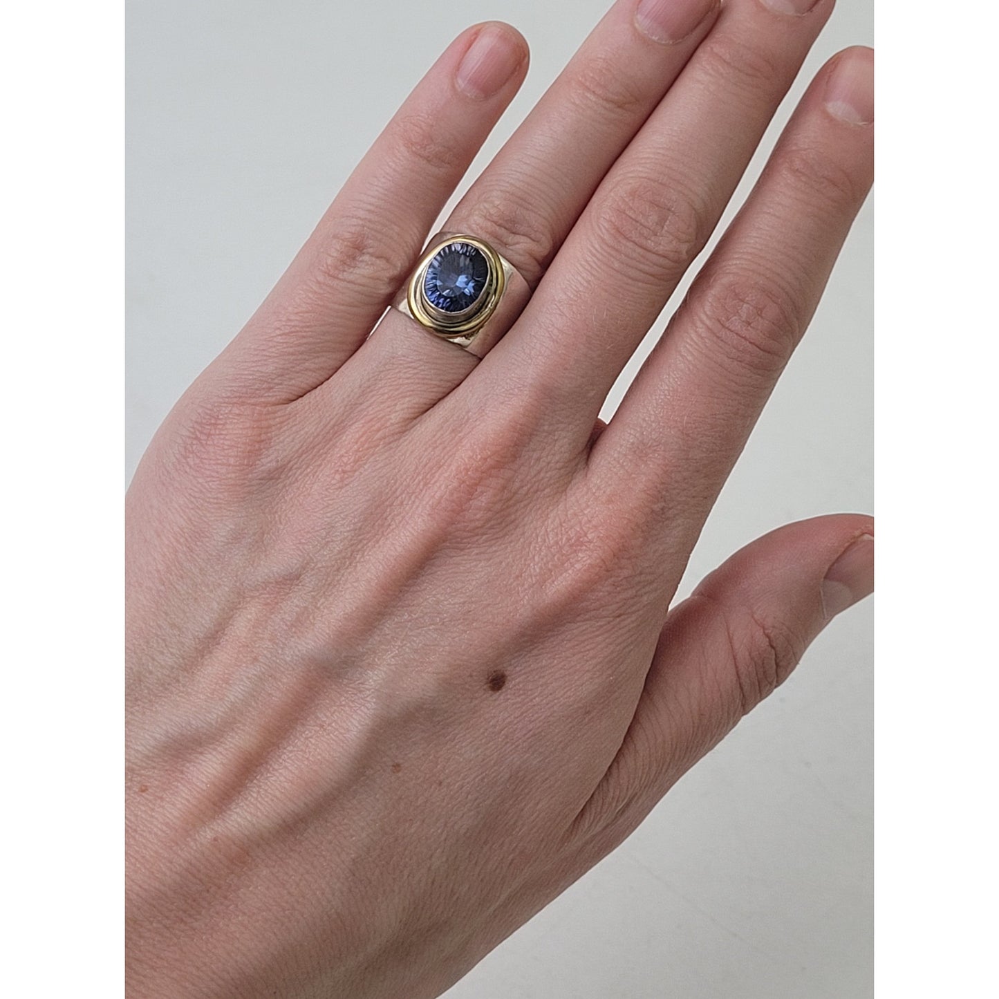 Vintage Large Blue Mystic Quartz Sterling Silver Brass Sz 6.5