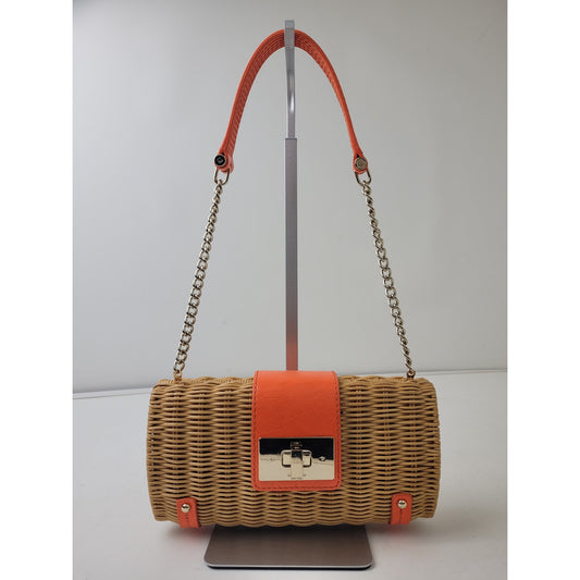 Kate Spade New York Wicker Clutch Bag Woven Rattan Orange Leather
