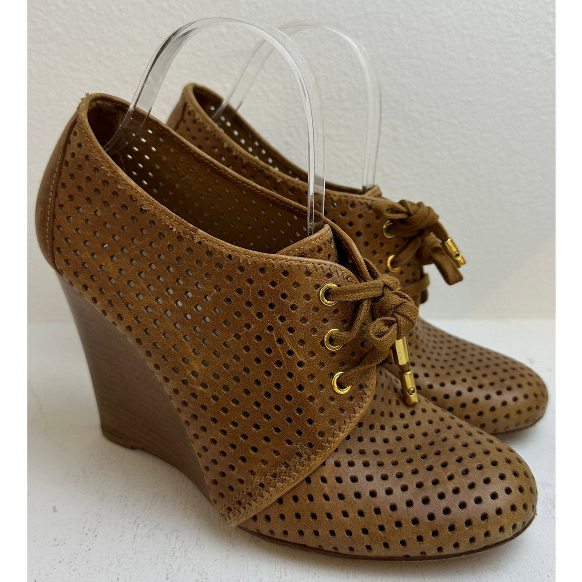 Tory Burch Camel Perforated Leather Victor Lace-Up Wedge Booties Women's Sz 9