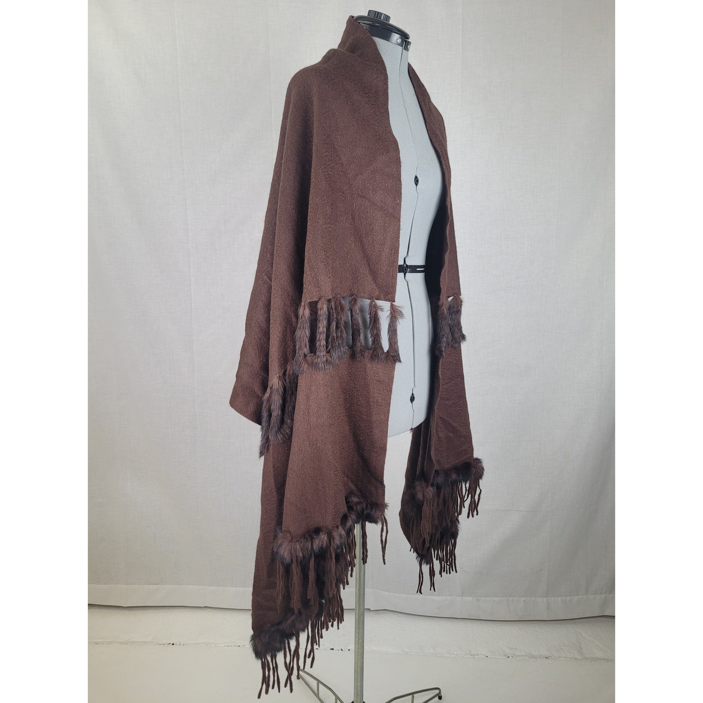 Vintage Brown Cashmere Shawl Scarf Rabbit Fur Trim and Fringe