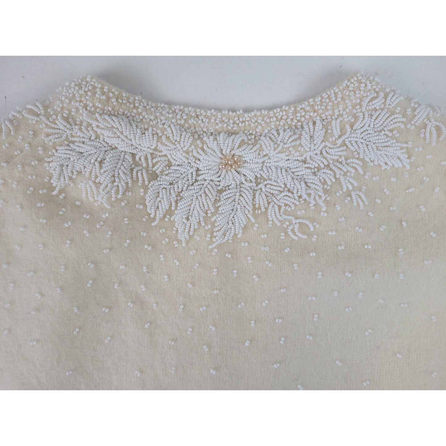 1950s Vintage Margaret's Intricately Beaded Cropped Creme White Sweater Sz XS/S
