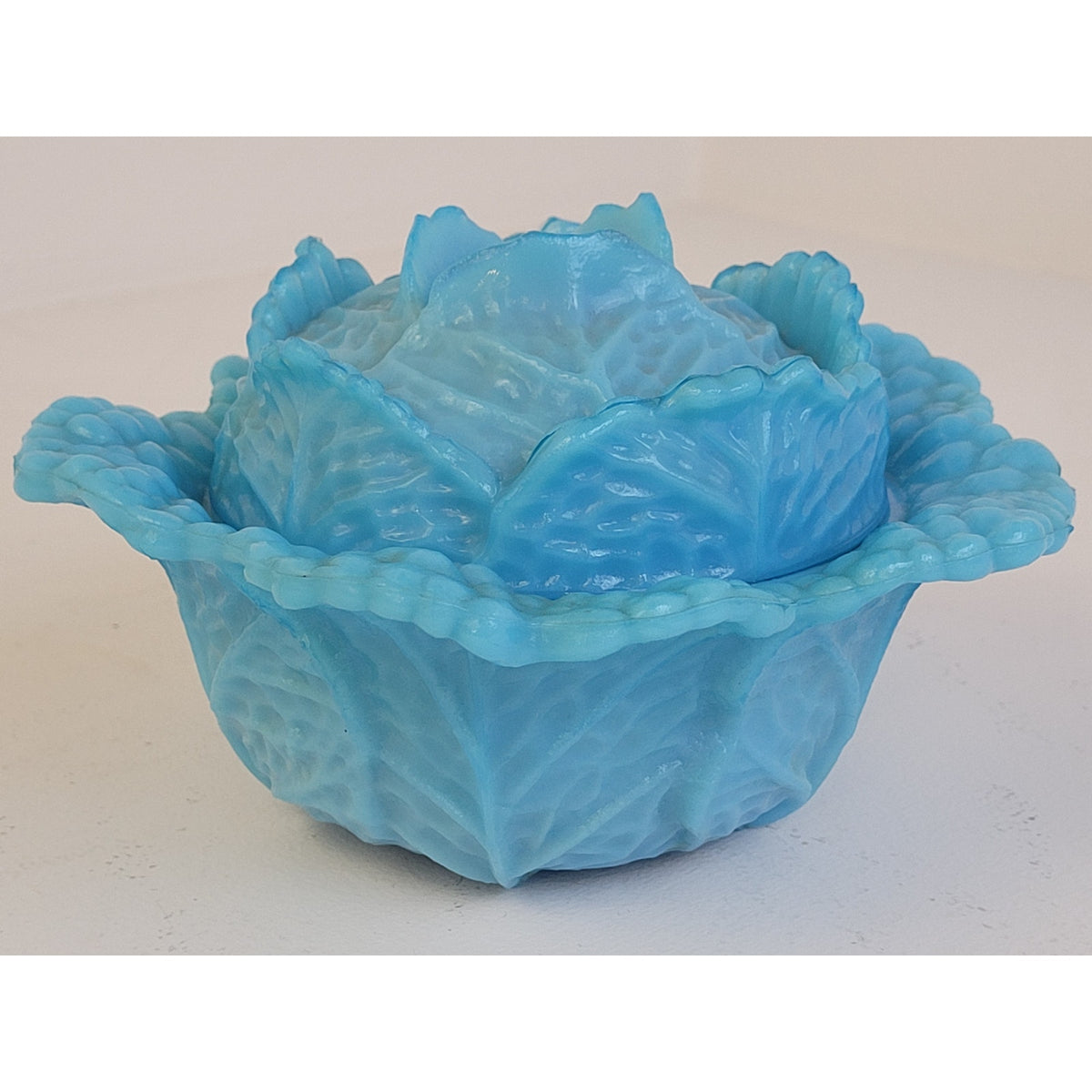Vintage French Opaline Glass Portieux Vallerysthal Cabbage-Shaped Covered Bowl