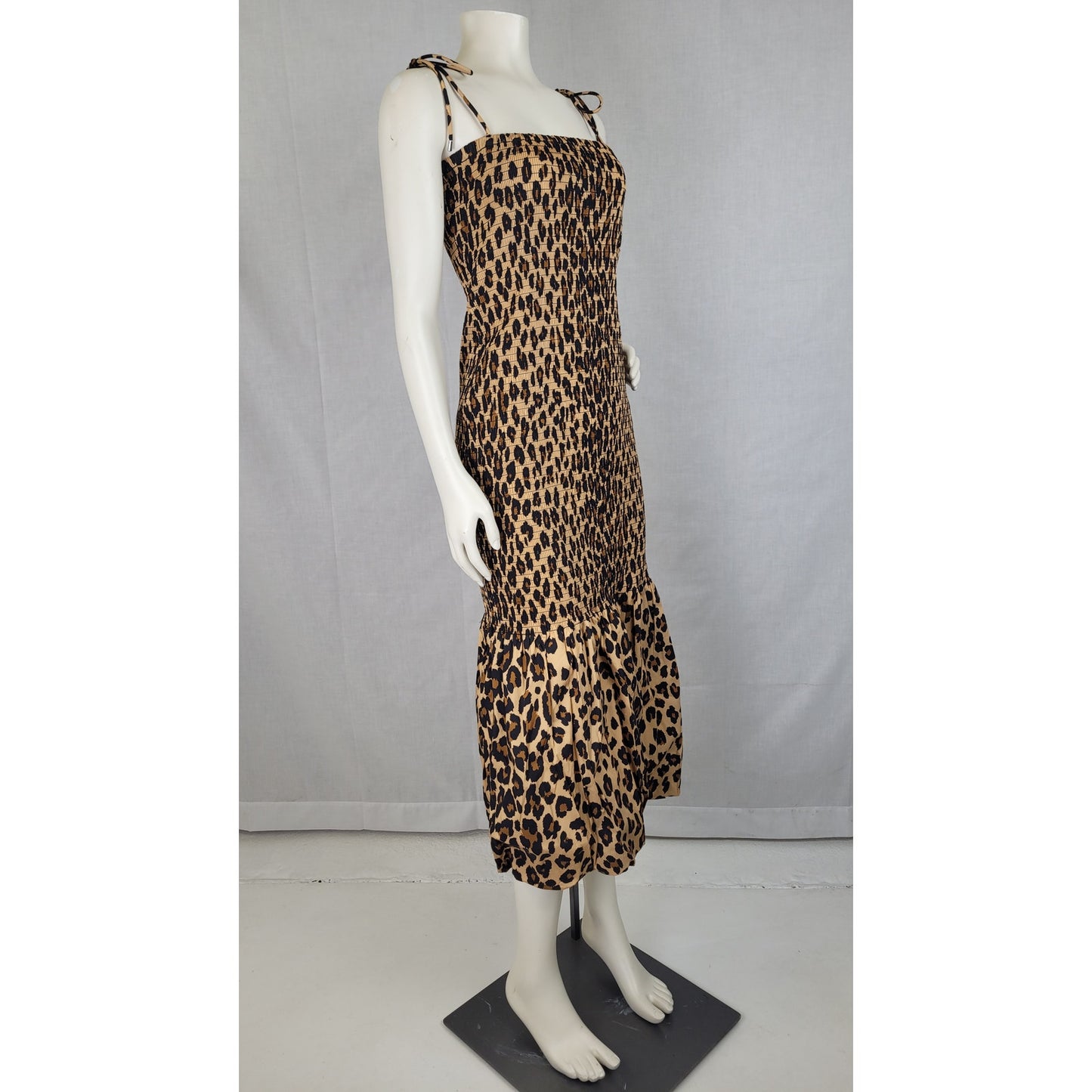 SIMONMILLER Canto Smocked Poplin Dress in Leopard Print Adustable Straps Sz S