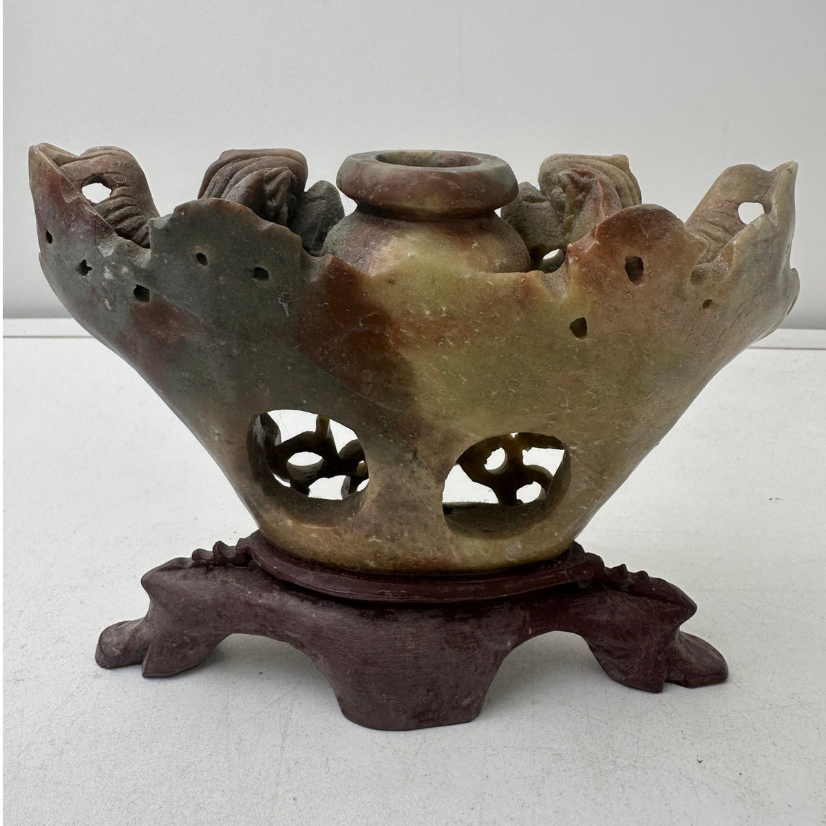 Vintage Chinese Hand-Carved Soapstone Foo Dog Incense Burner & Censer