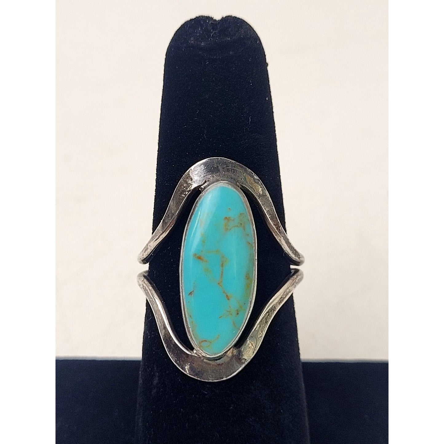 Vintage Mexican Sterling Silver Turquoise Open Frame Split Shank Ring Sz 6.5