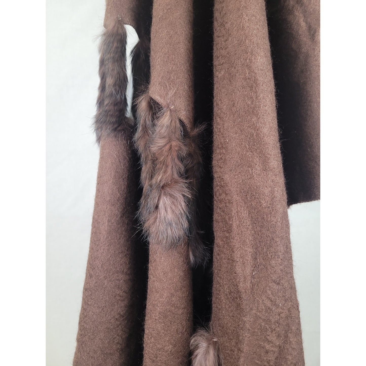 Vintage Brown Cashmere Shawl Scarf Rabbit Fur Trim and Fringe