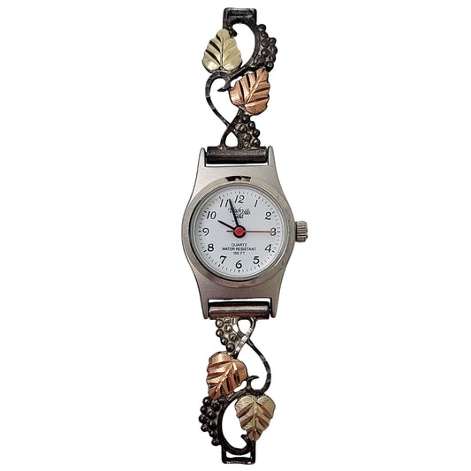 Black Hills Gold Quartz Watch Face 12K Tricolor Gold Leaves on Sterling Silver