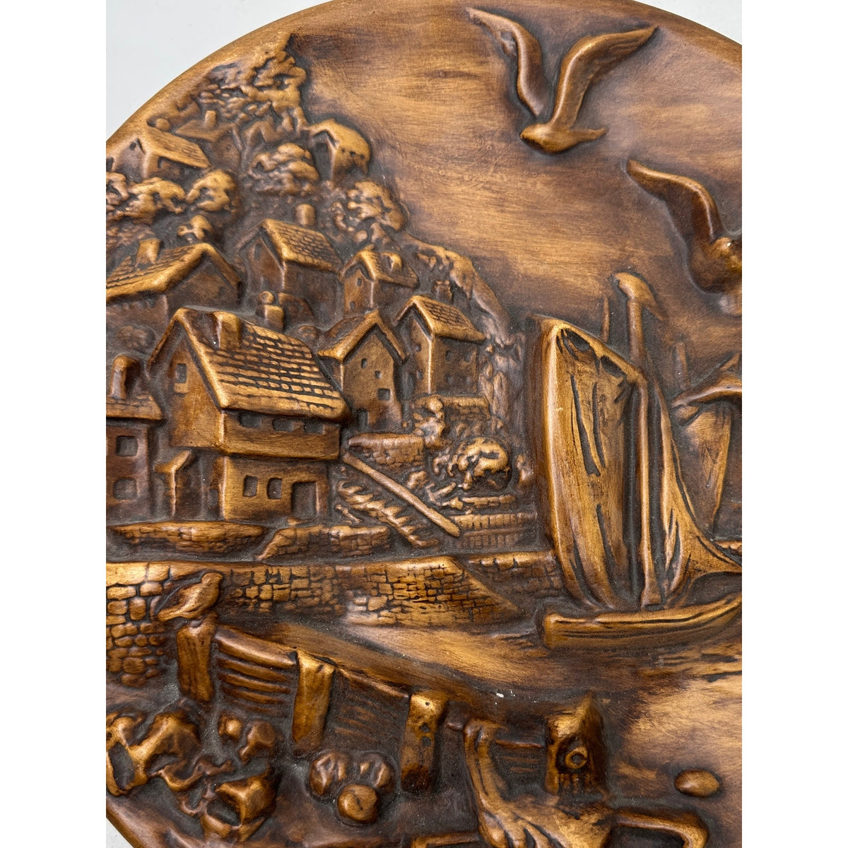Vintage 3D Chalkware Seaport and Watermill Wall Plaques | Set of 2