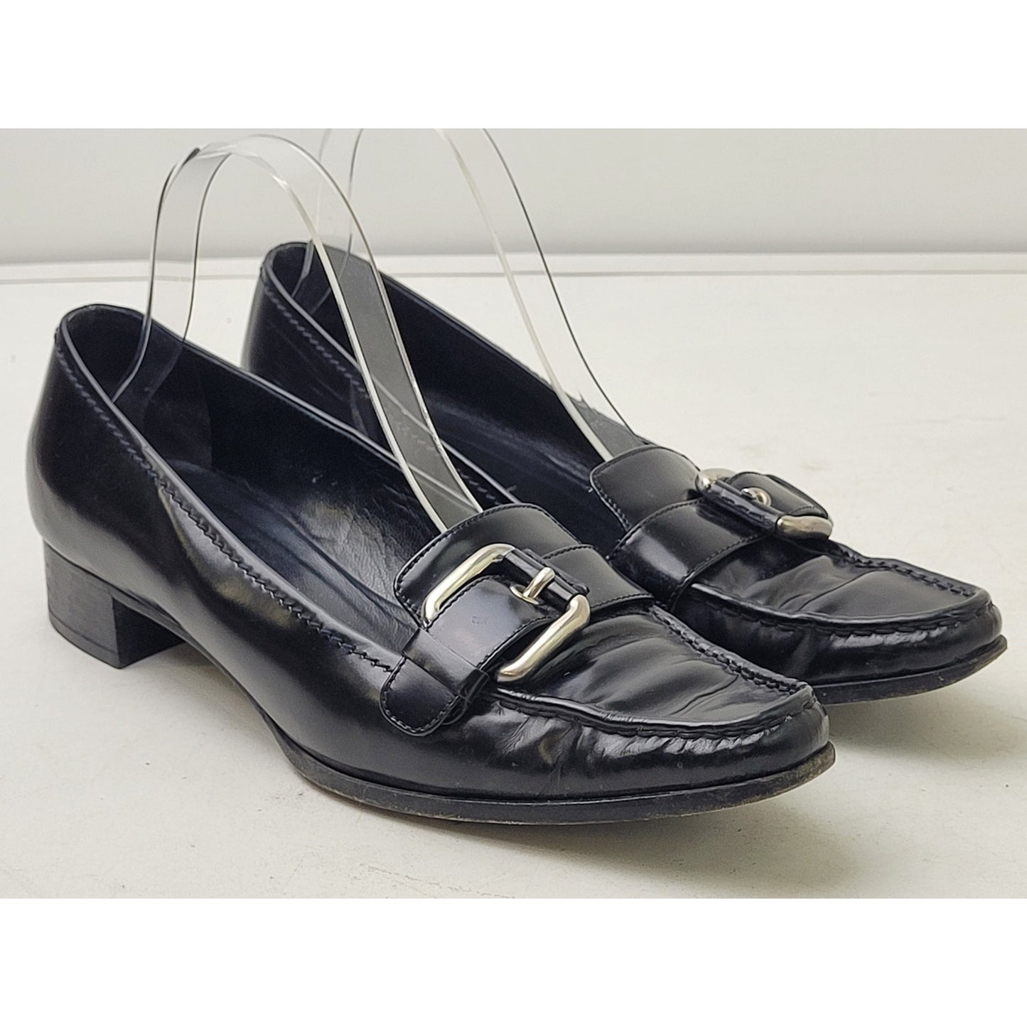 Vintage PRADA Black Leather Loafers Silver Buckle Women's Sz EU 38 1/2 / US 8