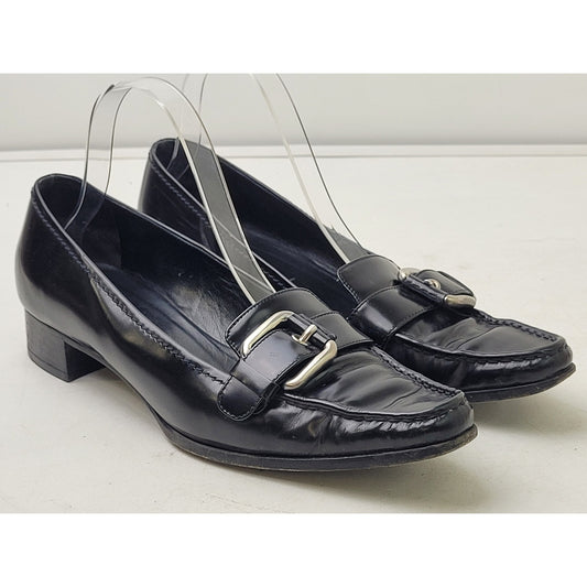 Vintage PRADA Black Leather Loafers Silver Buckle Women's Sz EU 38 1/2 / US 8