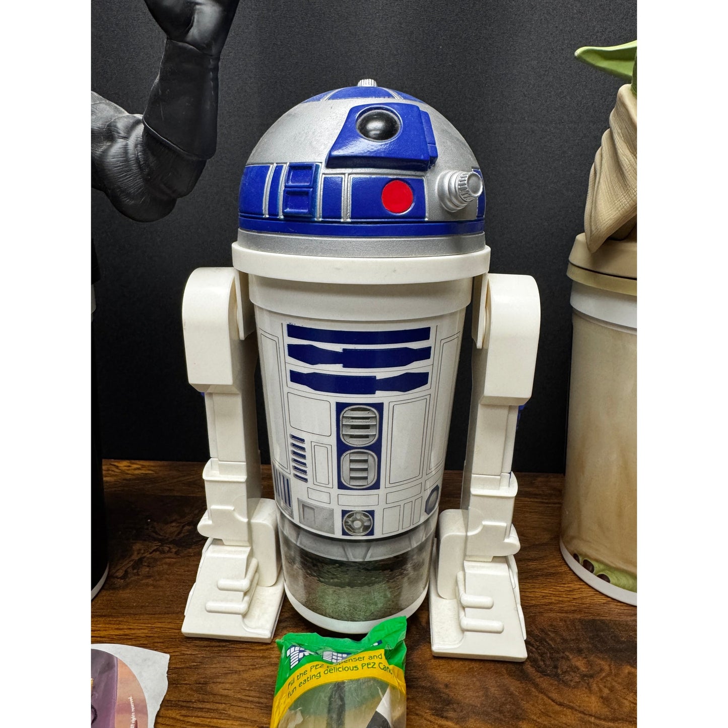 Lot of 1999 Star Wars Cups Yoda, Darth Maul, R2-D2 + Pez Dispenser & Stickers