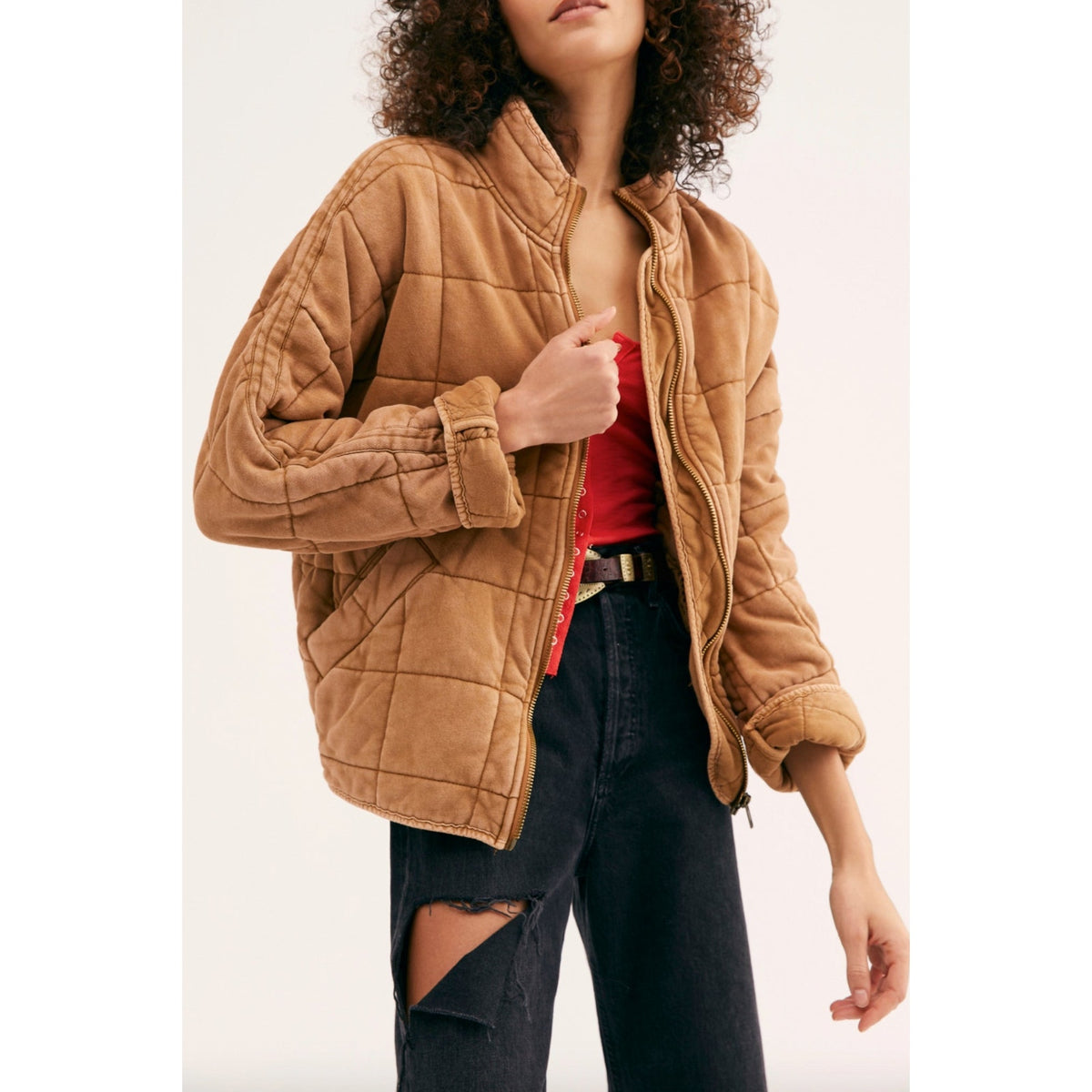 Free People Dolman Quilted Knit Jacket in Toasted Coconut Zip Front Sz XS