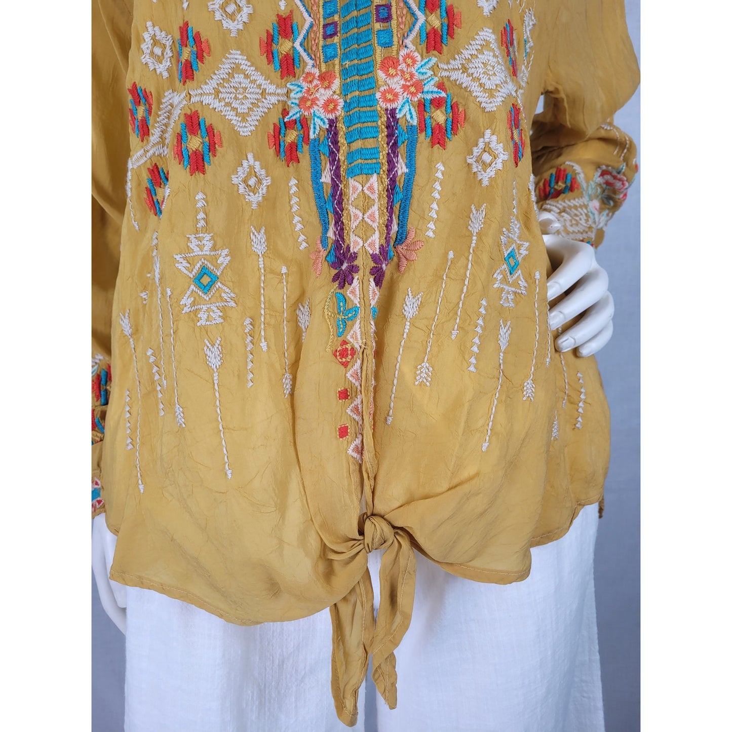 Johnny Was Donya Top Featuring Intricate Embroidery Detail & Tie-Front Sz M