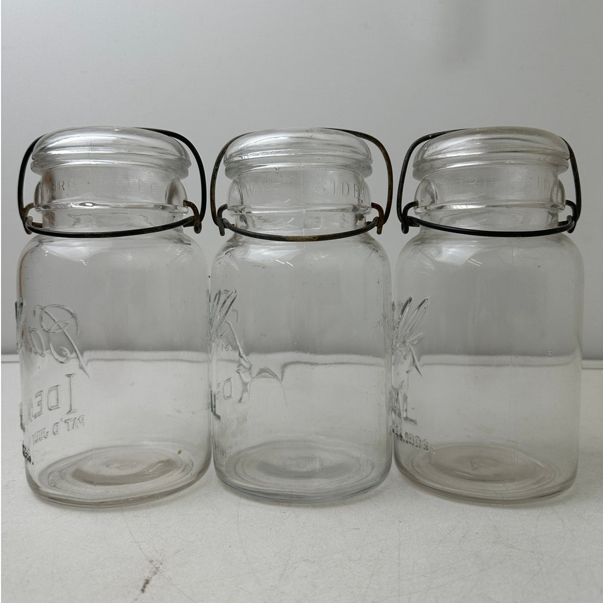 3 Vintage Ball Ideal Clear Glass Quart Mason Jars with Wire Bail Lids