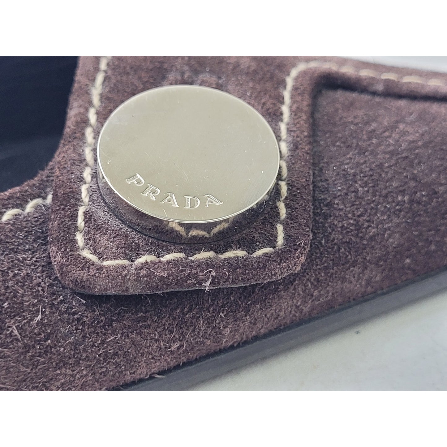 VTG PRADA Brown Suede Leather Mules Contrast Stitching Silver Hardware Sz 37.5