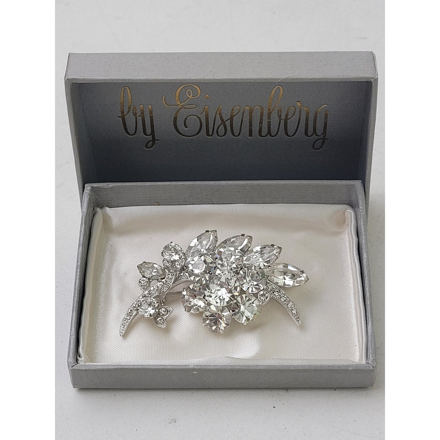 Vintage Signed Eisenberg Rhinestone Flower Spray Brooch in Branded Box