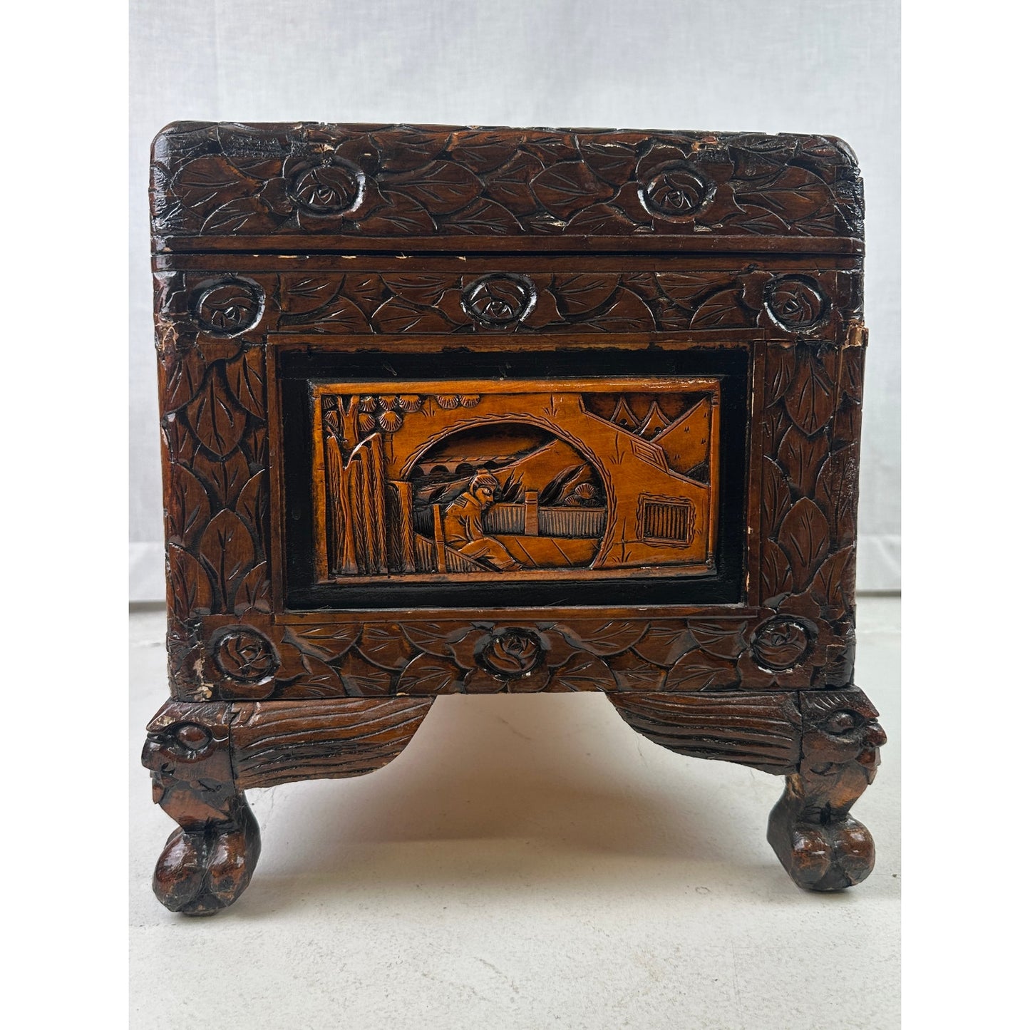 Vintage Hand-Carved Asian Wood Storage Chest