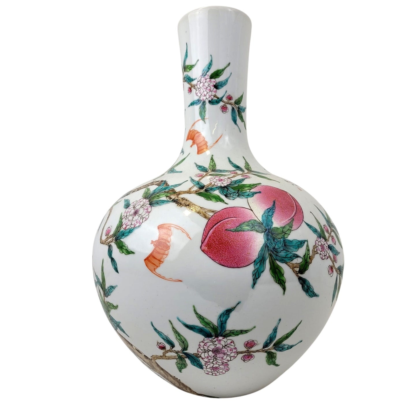 VTG Chinese Porcelain 21" Famille Rose, Peach, & Bat Vase Qianlong Mark