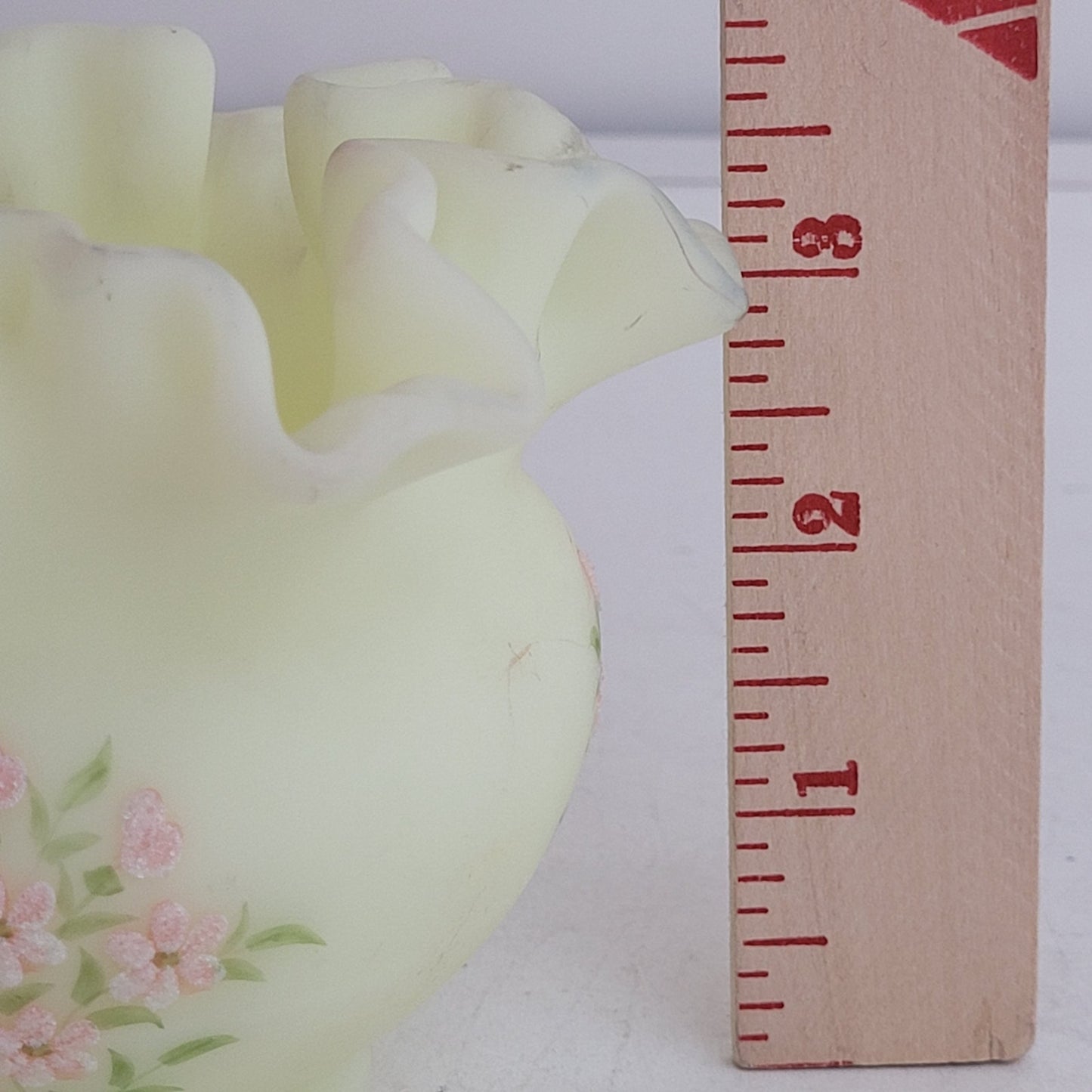 Vintage 1970s Fenton Custard Ruffle Vase Painted Pink Blossoms Signed