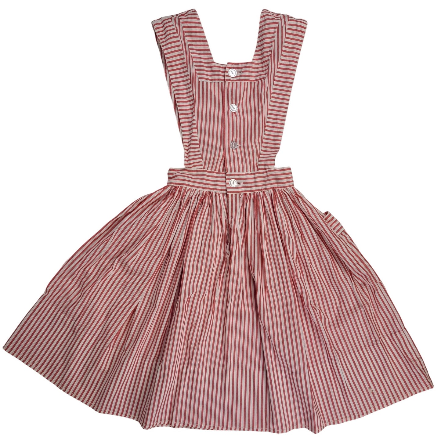 1940s Red & White Striped Pinafore Apron Dress Sz XS
