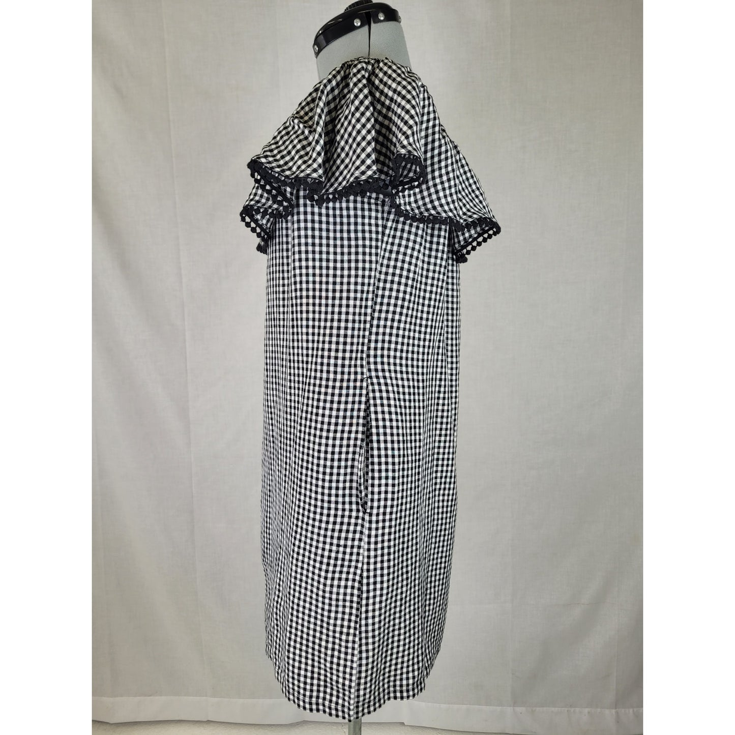 Tommy Bahama Gingham Of-The-Shoulder Ruffle Dress Black & White Linen Blend Sz S
