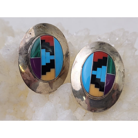 Vintage Native American Multi-Stone Inlay Sterling Silver Post Earrings