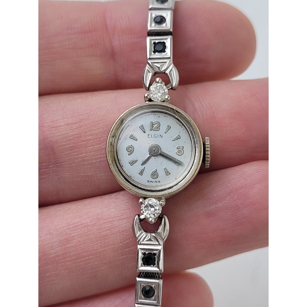 VTG Elgin 14K White Gold Wristwatch w 2 Diamonds & 22 Sapphires or Onyx | Runs