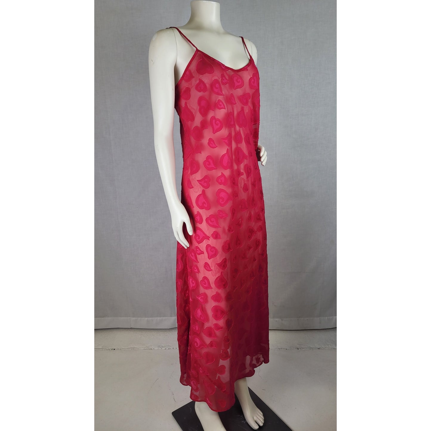 Vintage Y2K Victoria's Secret Long Pink Heart Print Sheer Slip Dress Lingerie Sz M