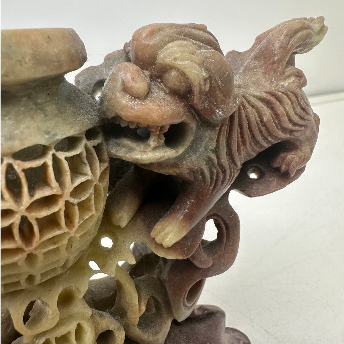 Vintage Chinese Hand-Carved Soapstone Foo Dog Incense Burner & Censer