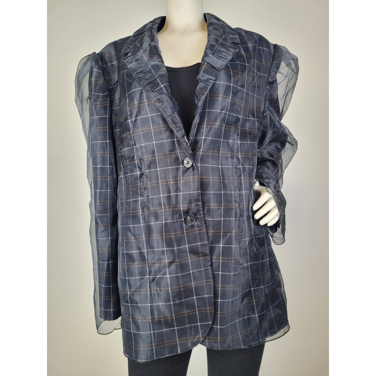 By Anthropologie Tulle Overlay Plaid Blazer Sheer Tulle Puff Sleeves Sz M