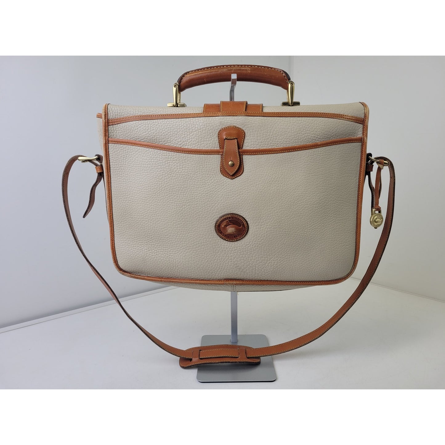 VTG Dooney & Bourke Large Equestrian Flap Bag Briefcase in Bone & British Tan
