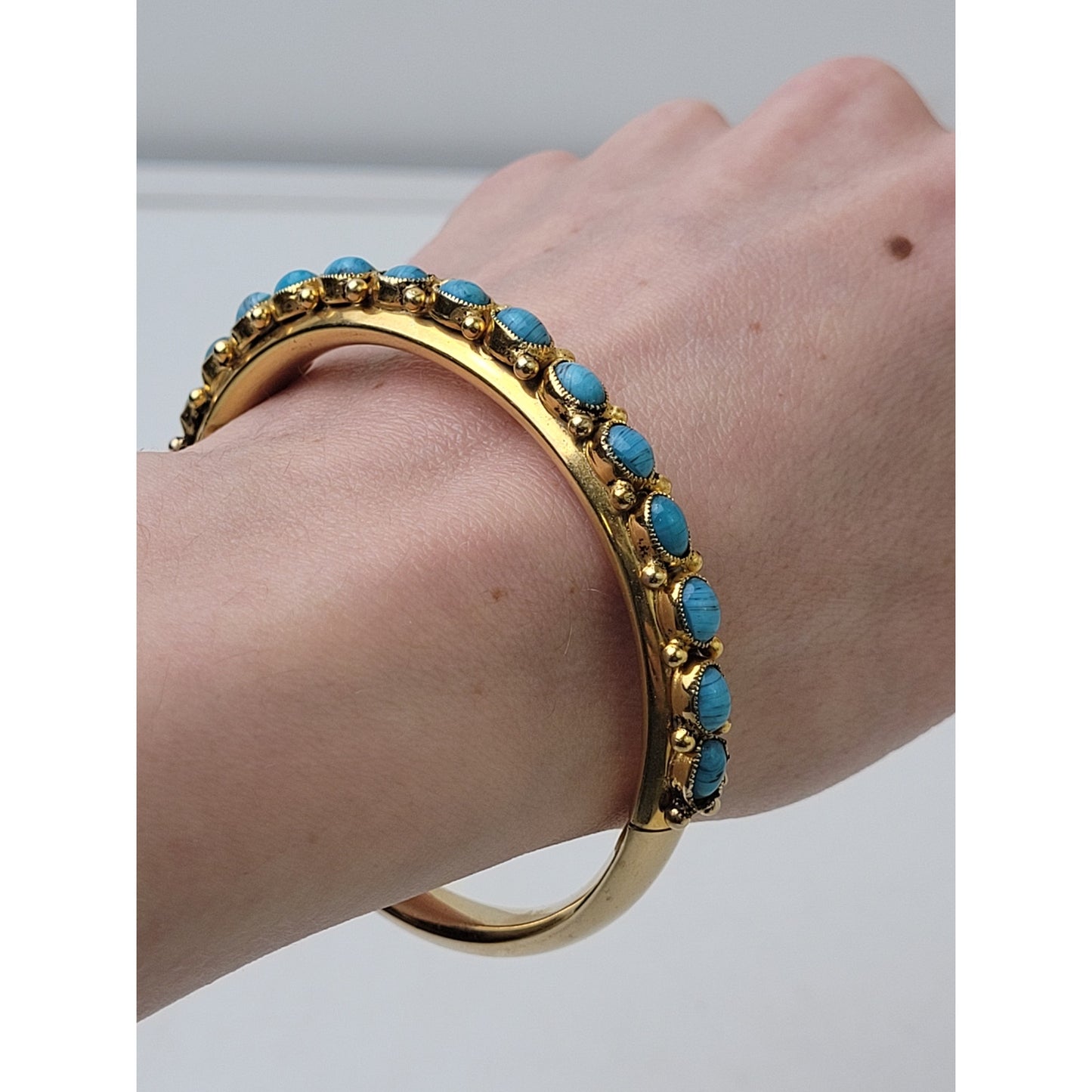 Vintage Sandor Gold Tone Bangle Bracelet w Turquoise Glass Stones Signed